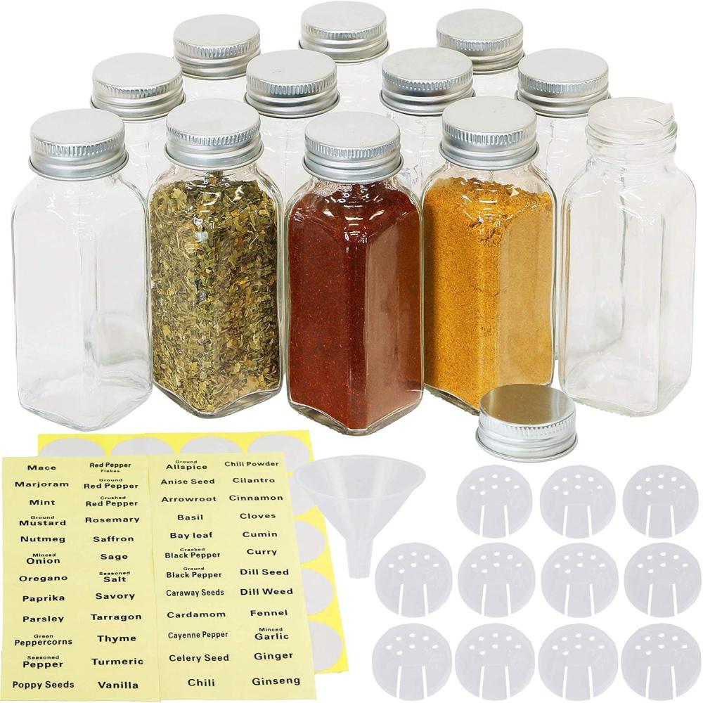 imageSimple Houseware 12Pack 6 oz Glass Spice Jars Square Bottles with Shaker Lids Funnel and Labels for Seasoning ampamp Storage6oz