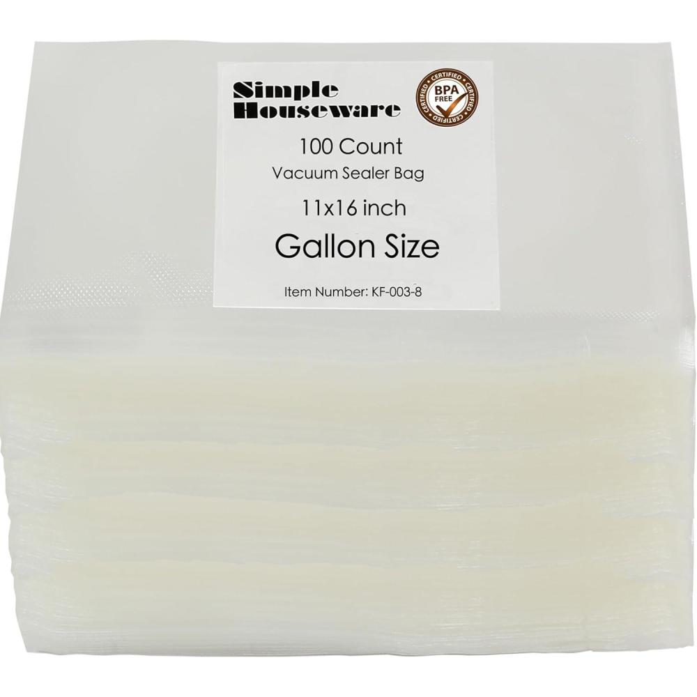 imageSimple Houseware Precut Vacuum Sealer Bags 100 Count Gallon 11quot x 16quot for Food Storage BPA FreeGallon Size 11 x 16  100 count