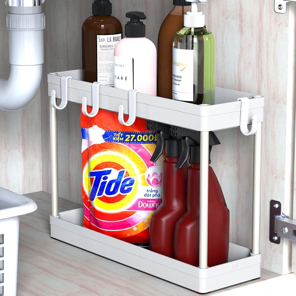 imageSimple Houseware 2Tier Under Sink Organizer Storage Tray with Hooks GreyWhite
