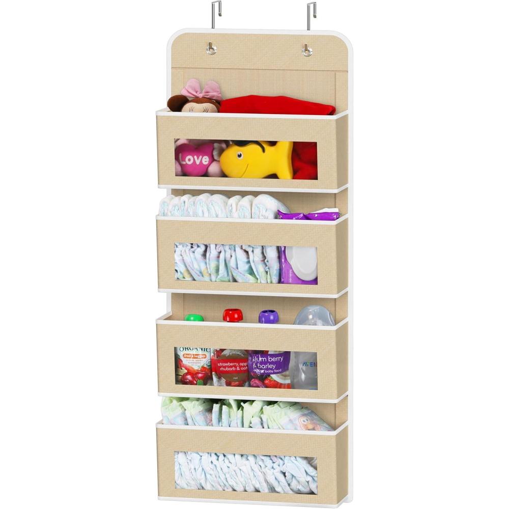 imageSimple Houseware 4 Clear Window Pocket Over Closet Door Storage Hanging Organizer for Bedroom Bathroom Pantry GrayBeige