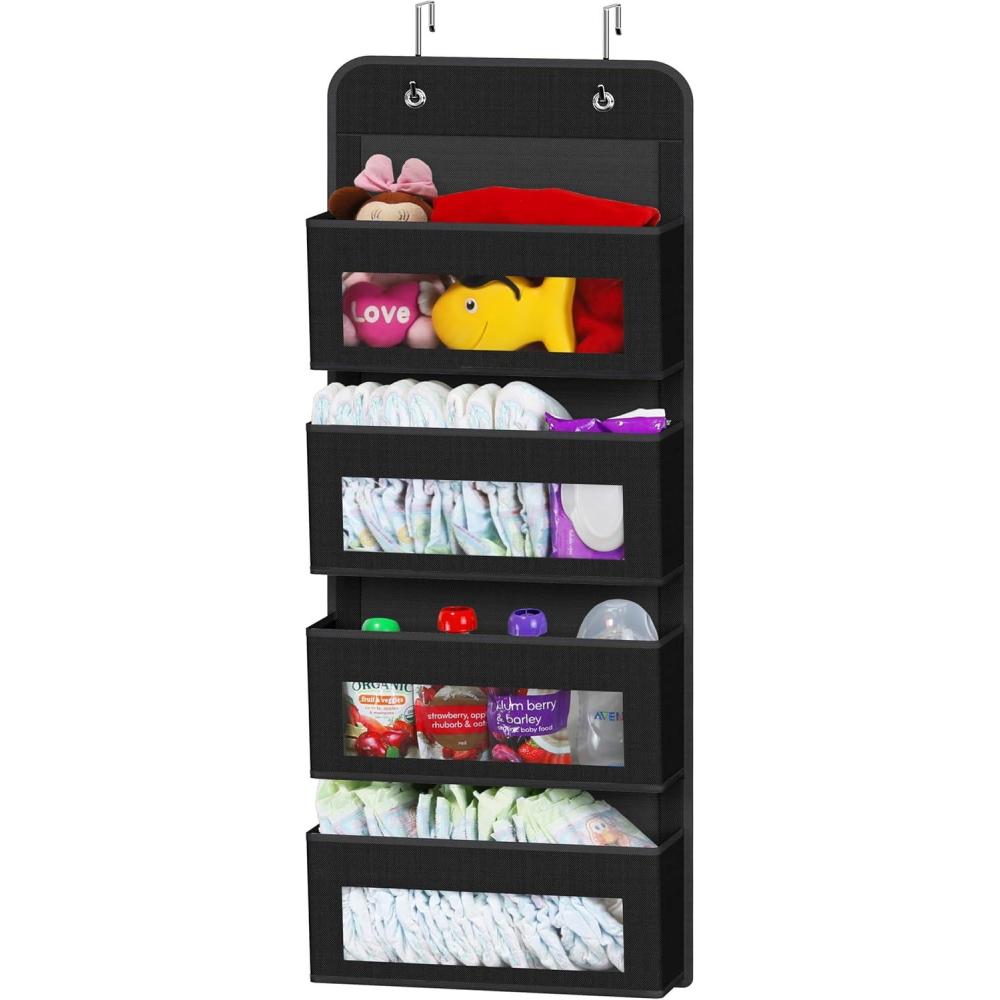 imageSimple Houseware 4 Clear Window Pocket Over Closet Door Storage Hanging Organizer for Bedroom Bathroom Pantry GrayBlack