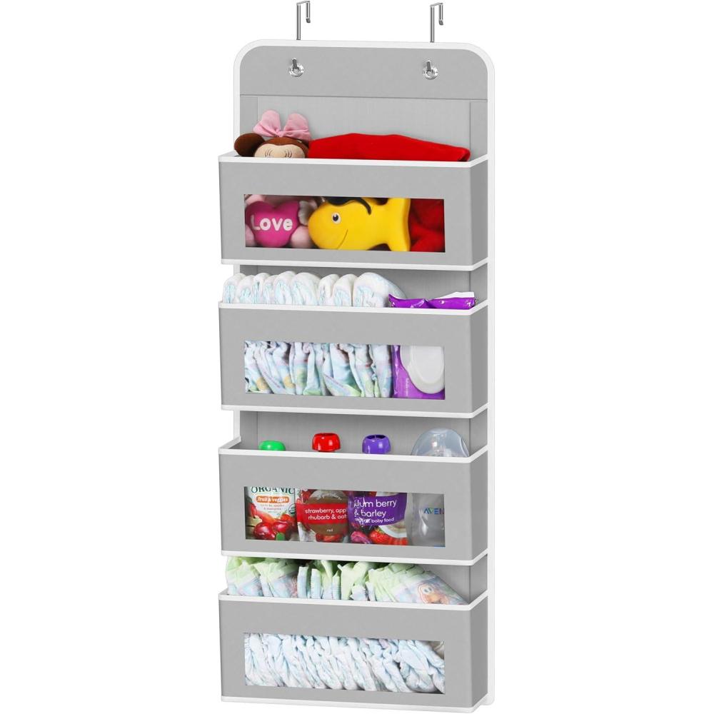 imageSimple Houseware 4 Clear Window Pocket Over Closet Door Storage Hanging Organizer for Bedroom Bathroom Pantry GrayGray