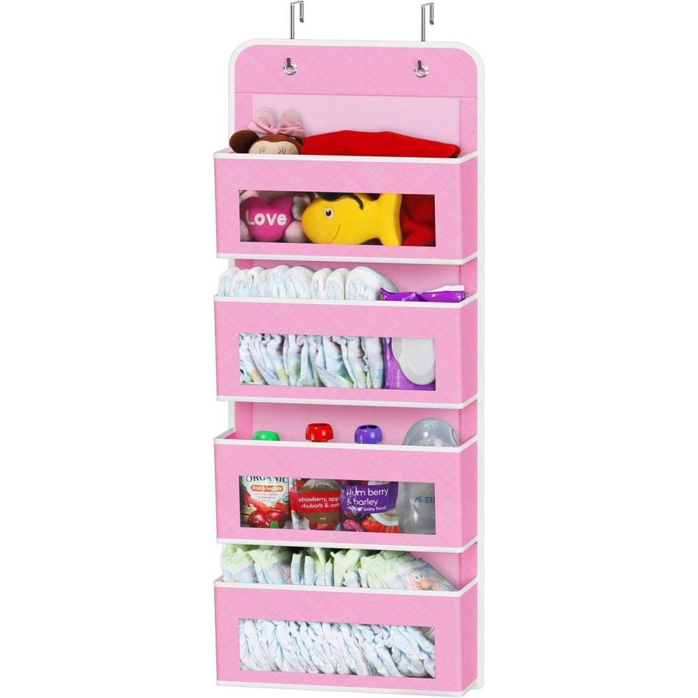 imageSimple Houseware 4 Clear Window Pocket Over Closet Door Storage Hanging Organizer for Bedroom Bathroom Pantry GrayPink