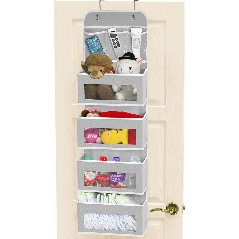 imageSimple Houseware 4 Clear Window Pocket Over Door Storage Hanging Organizer with 3 Clear Pockets for Bedroom Bathroom Pantry GrayGray
