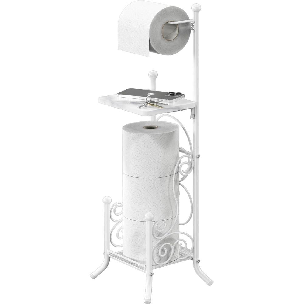imageSimple Houseware Bathroom Toilet Tissue Roll Holder Stand with Cell Phone Shelf BronzeWhite