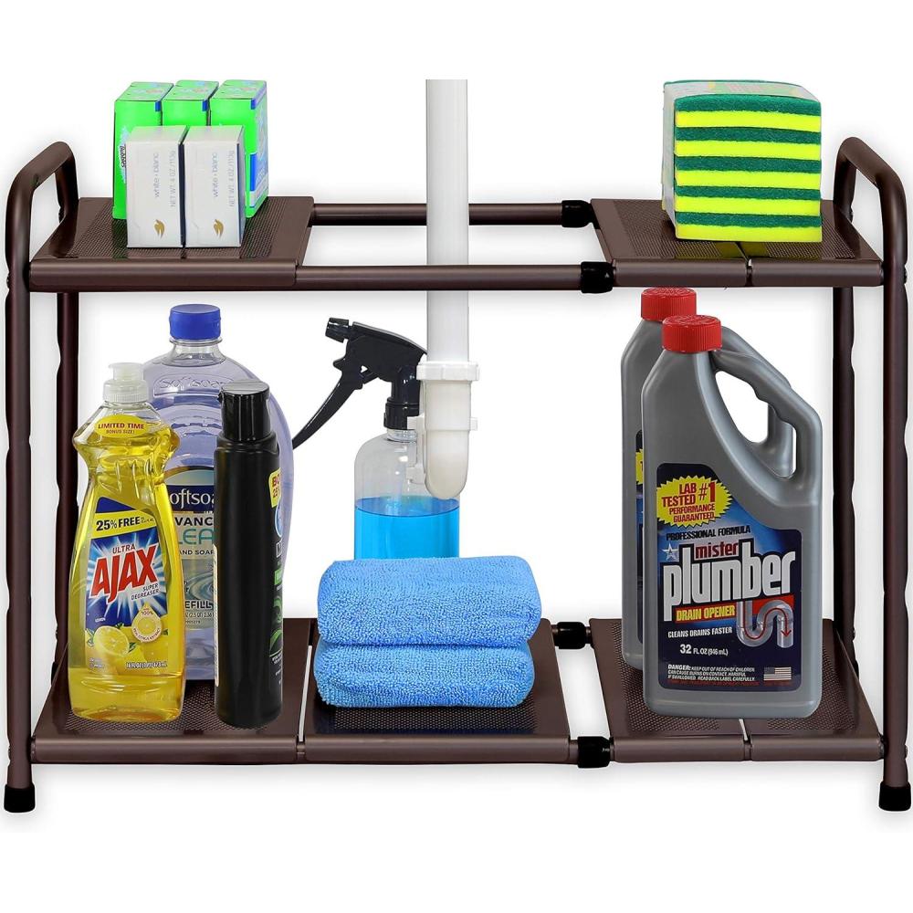 imageSimple Houseware Under Sink 2 Tier Expandable Heavy Duty Metal Shelf Organizer Rack Silver Expand from 15 to 25 inchesBronze