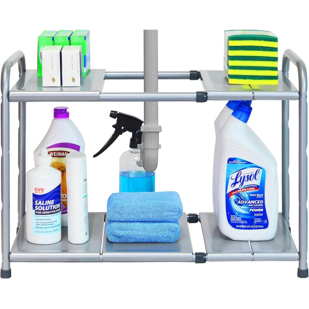 imageSimple Houseware Under Sink 2 Tier Expandable Heavy Duty Metal Shelf Organizer Rack Silver Expand from 15 to 25 inchesSilver