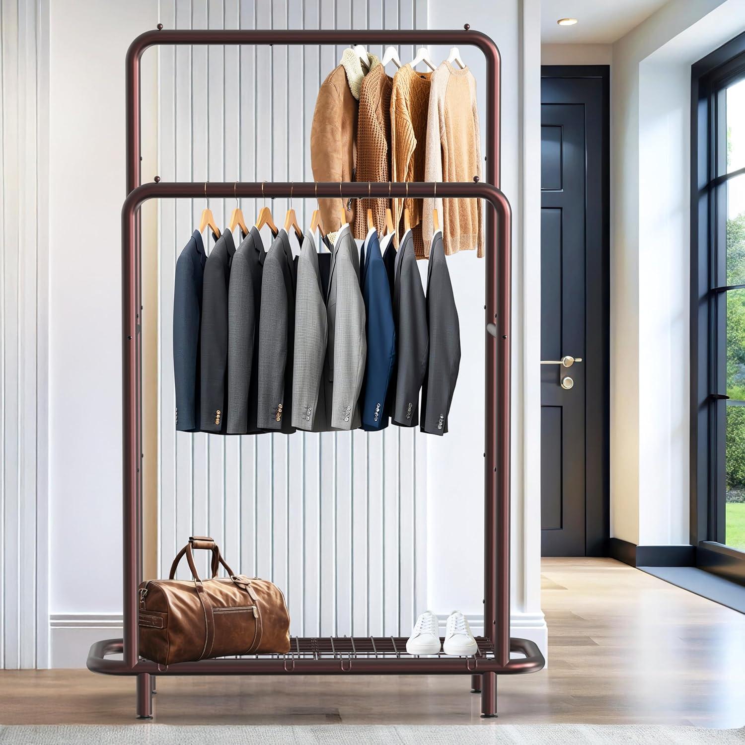 imageSimple Houseware Double Rod Clothing Garment Rack with Bottom Shelves WhiteBronze