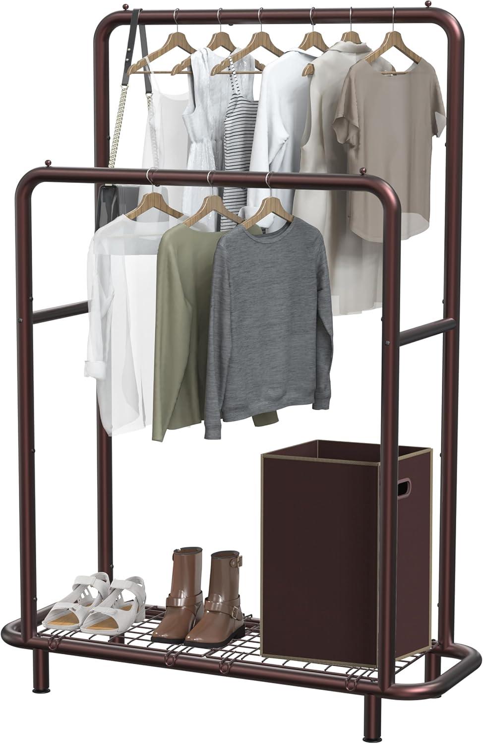 imageSimple Houseware Double Rod Clothing Garment Rack with Bottom Shelves WhiteBronze