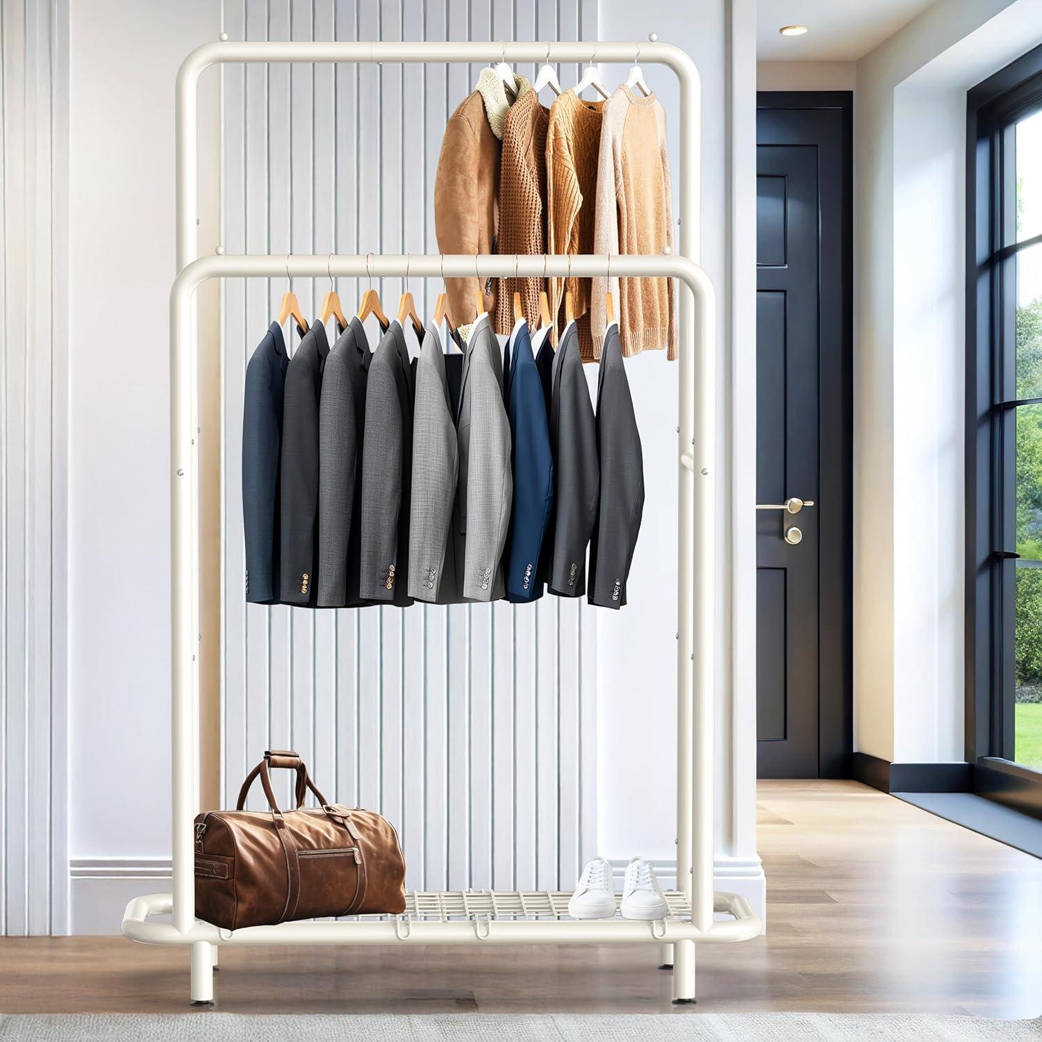 imageSimple Houseware Double Rod Clothing Garment Rack with Bottom Shelves WhiteWhite