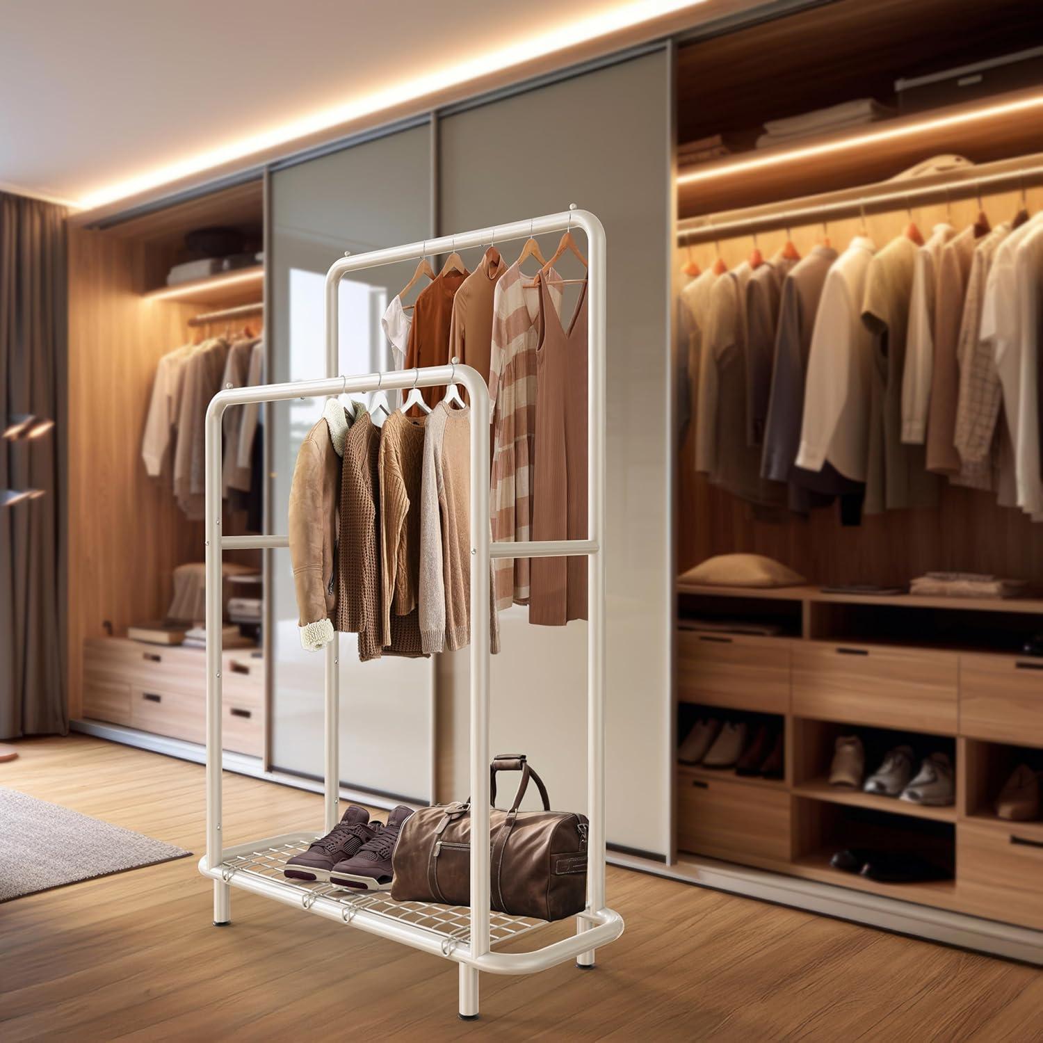 imageSimple Houseware Double Rod Clothing Garment Rack with Bottom Shelves WhiteWhite