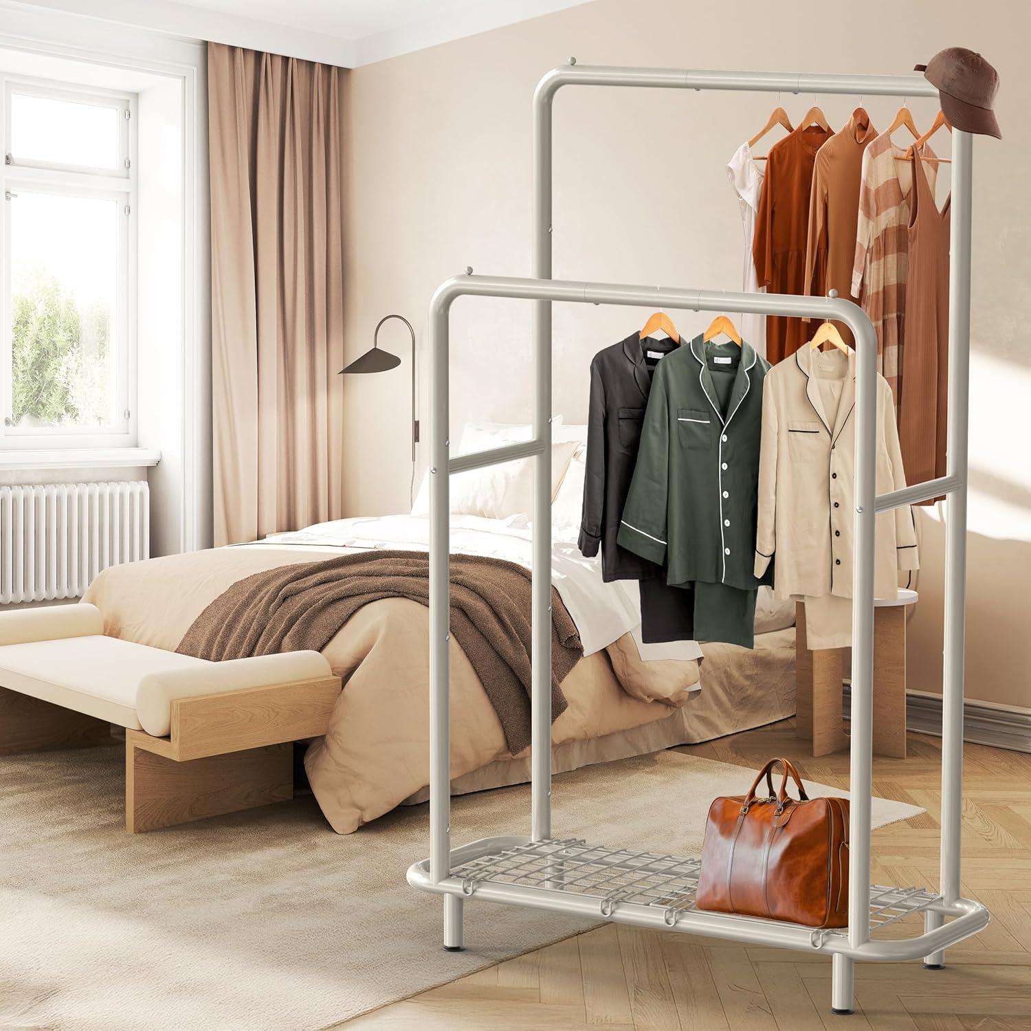 imageSimple Houseware Double Rod Clothing Garment Rack with Bottom Shelves WhiteWhite