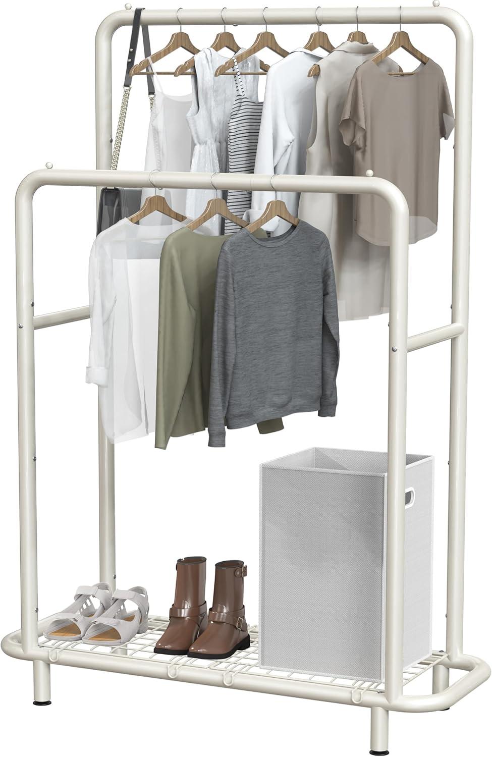 imageSimple Houseware Double Rod Clothing Garment Rack with Bottom Shelves WhiteWhite
