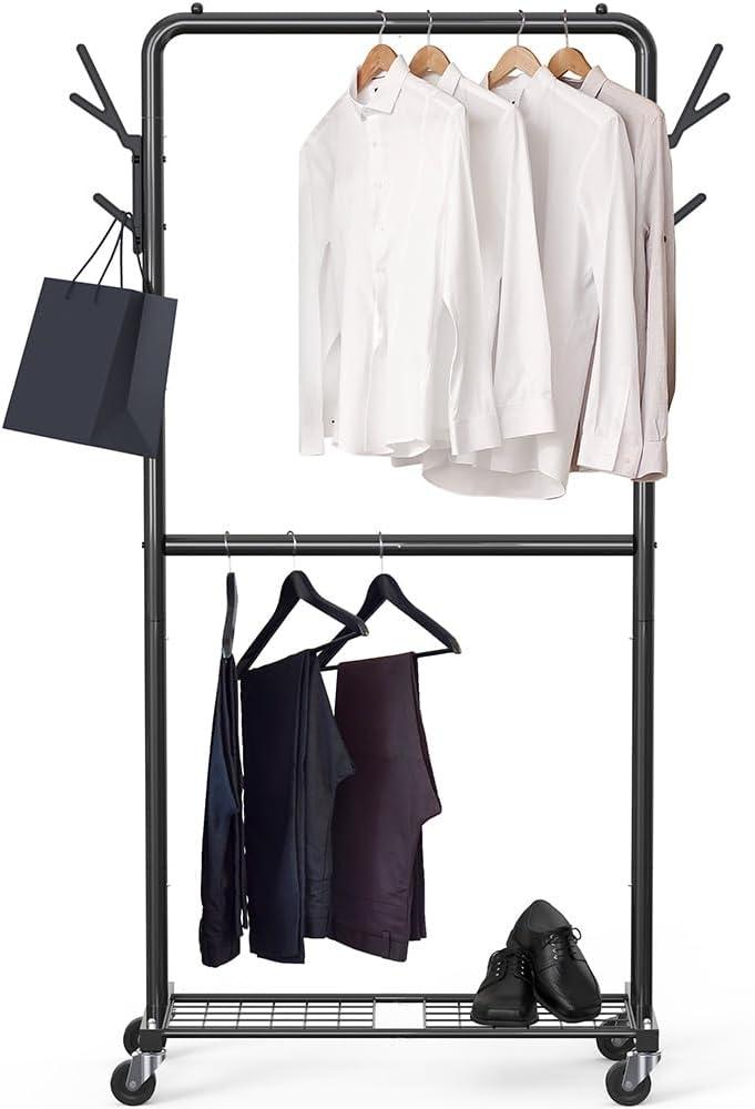 imageSimple Houseware Double Rod Garment Rack with Wheels and Hooks Black
