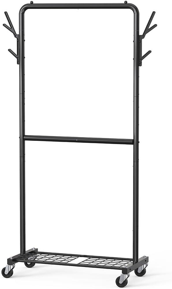 imageSimple Houseware Double Rod Garment Rack with Wheels and Hooks Black