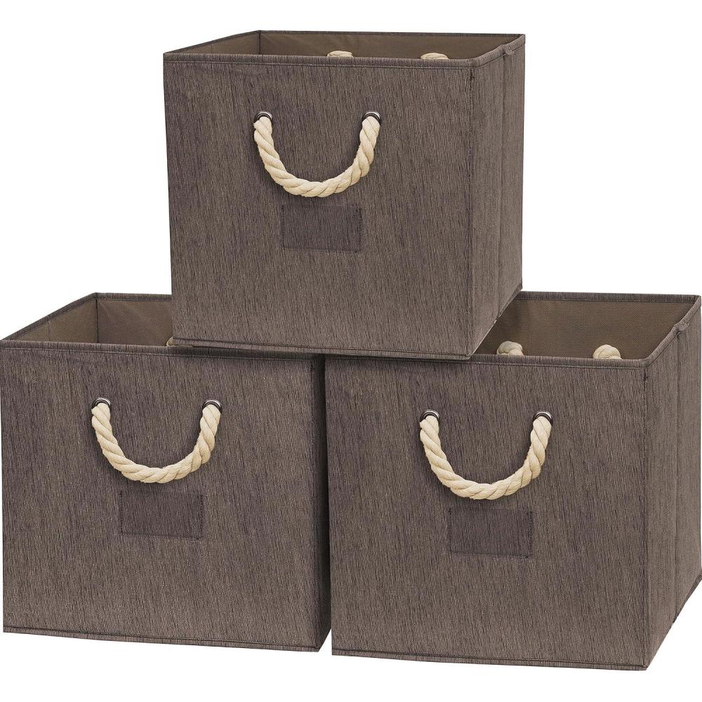 imageSIMPLE HOUSEWARE 11Inch Cube Storage Bin With Braided Handles 4 Pack GreenBrown