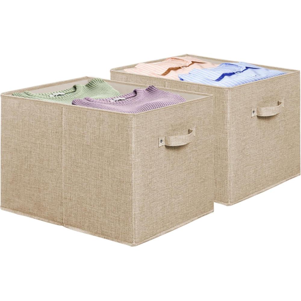 imageSIMPLE HOUSEWARE 15 x 13 Inch Collapsible Fabric Storage Bin with Handles 2 Pack Dark GrayBeige