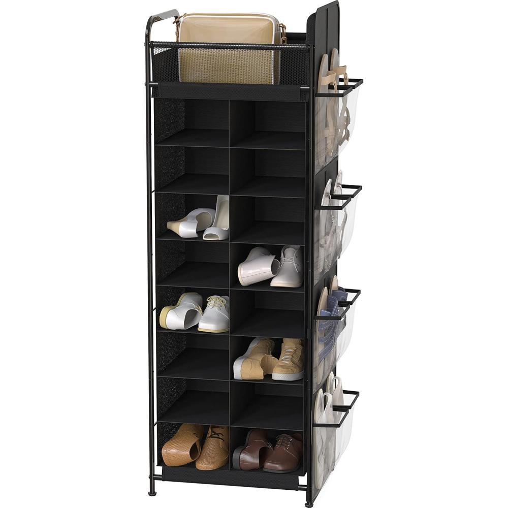 imageSIMPLE HOUSEWARE 16 Cube Shoe Stand Tower Rack 8 Tier with Top Shelf and Side Hanging Pockets GrayBlack