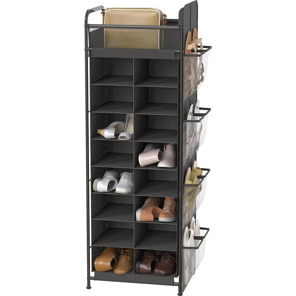 imageSIMPLE HOUSEWARE 16 Cube Shoe Stand Tower Rack 8 Tier with Top Shelf and Side Hanging Pockets GrayDark Gray