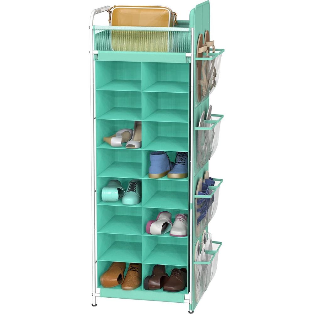 imageSIMPLE HOUSEWARE 16 Cube Shoe Stand Tower Rack 8 Tier with Top Shelf and Side Hanging Pockets GrayTurquoise