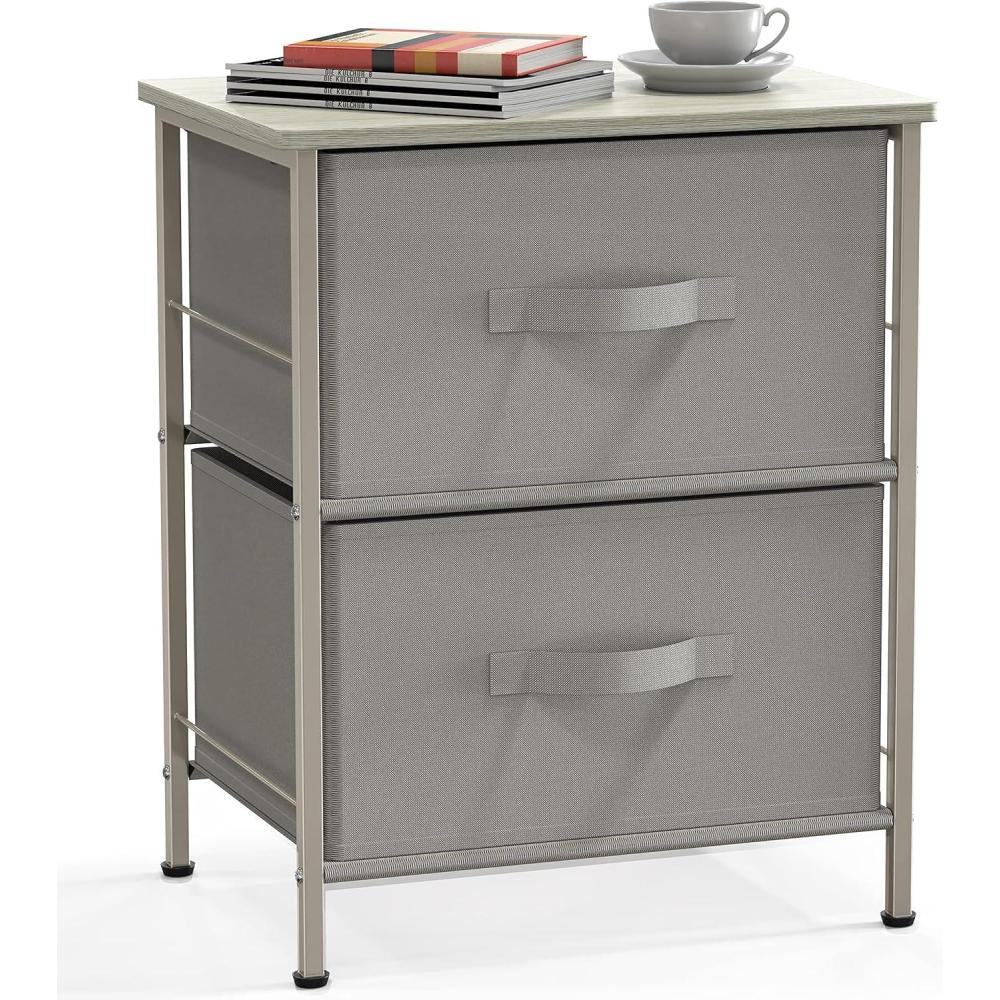 imageSIMPLE HOUSEWARE 2 Tier Night Stands Dresser for Bedroom Organizer Drawer Storage Tower BrownGrey