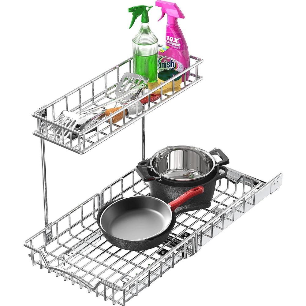imageSIMPLE HOUSEWARE 2Tier LM Organizer Pull Out Under Cabinet Sliding Shelf ChromeShelf w Utility Basket