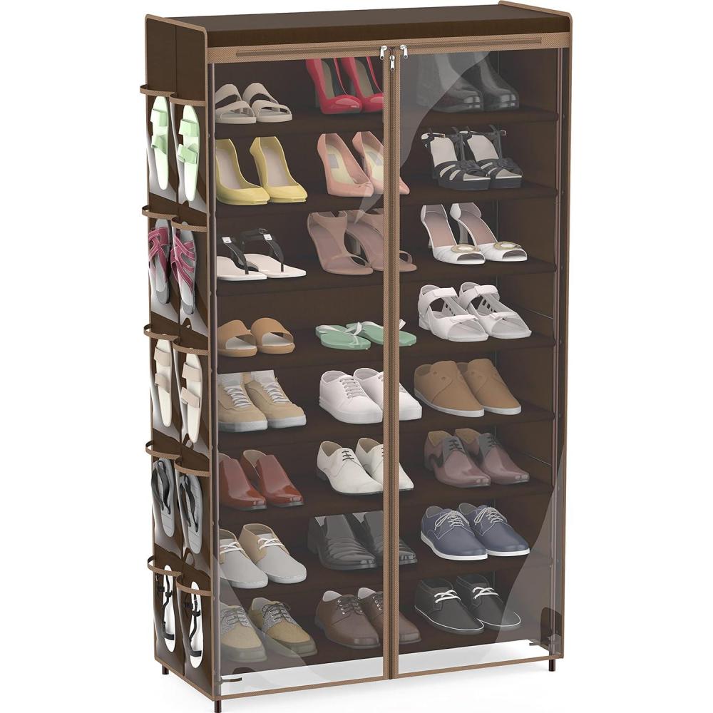 imageSIMPLE HOUSEWARE 8 Tiers Shoe Rack with Zipper Cover  Side Hanging Pockets BrownBrown