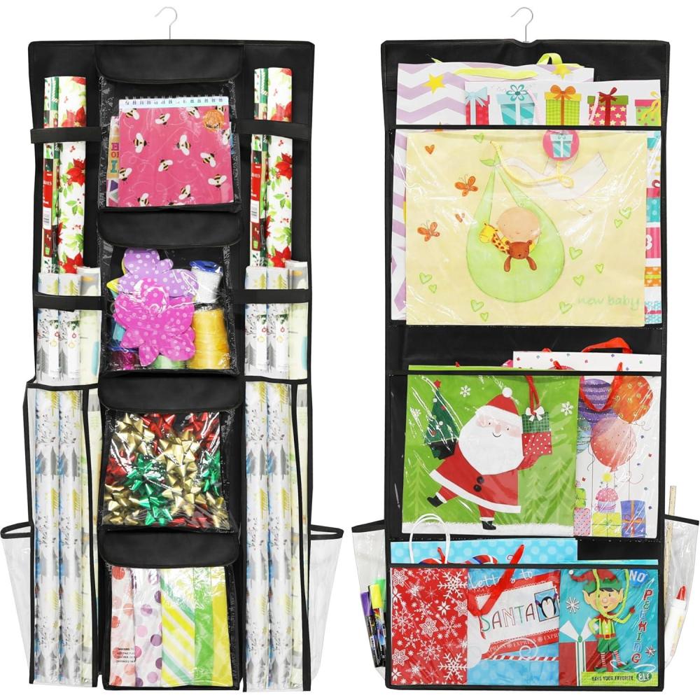 imageSIMPLE HOUSEWARE DoubleSided Hanging Gift Wrap Organizer Storage Pockets Gray Set of 1Black