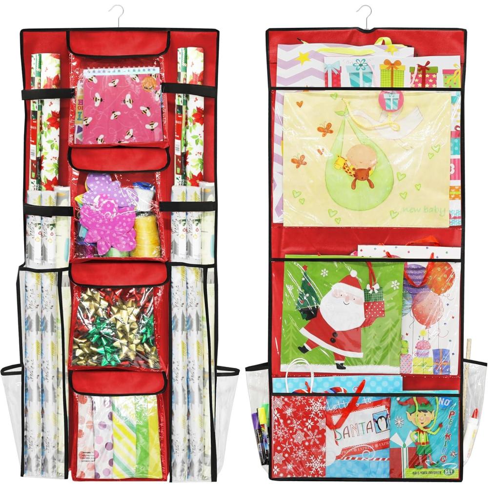 imageSIMPLE HOUSEWARE DoubleSided Hanging Gift Wrap Organizer Storage Pockets Gray Set of 1Red