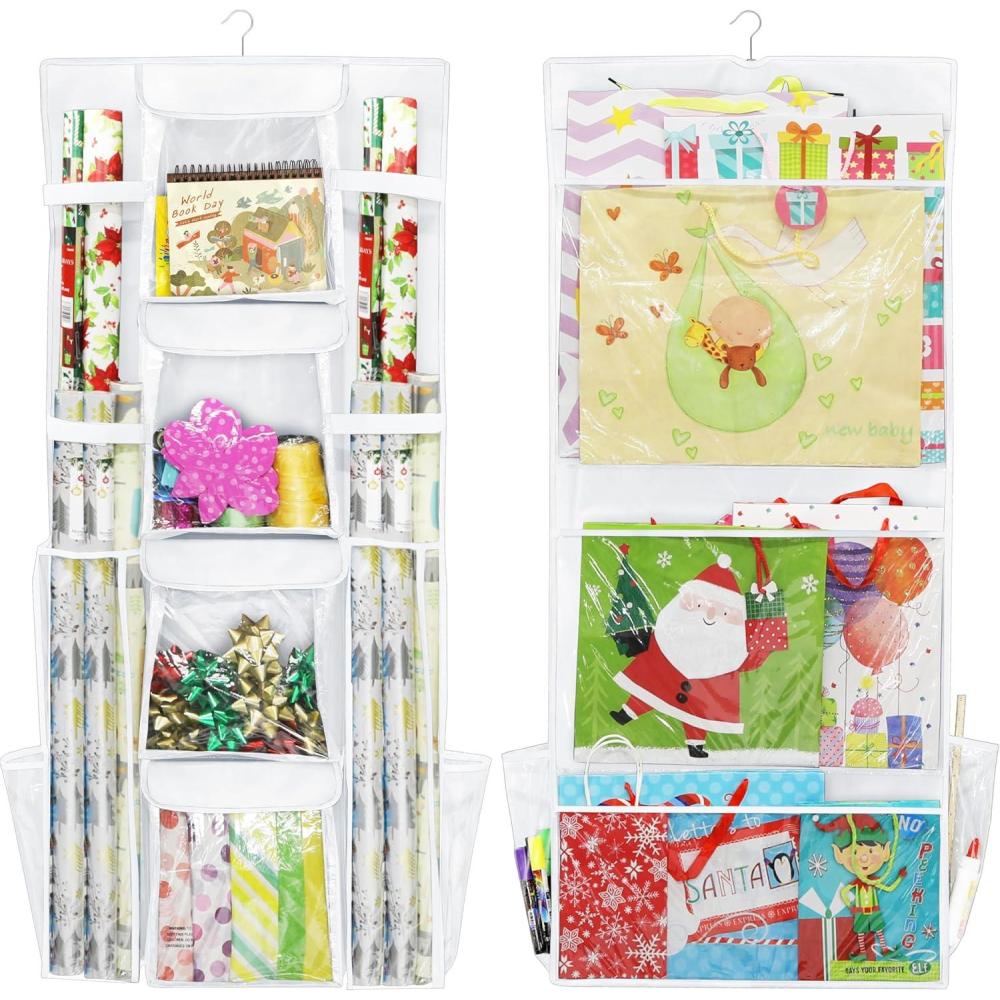 imageSIMPLE HOUSEWARE DoubleSided Hanging Gift Wrap Organizer Storage Pockets Gray Set of 1White
