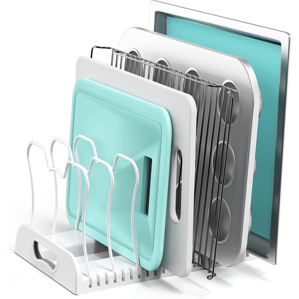 imageSIMPLE HOUSEWARE Expandable Pan Organizer Rack 10 Adjustable Compartments White  Kitchen Cabinet Organizer for Pots Pans Lids ampamp Bakeware  Pantry ampamp Countertop Storage7 Adjustable Compartments