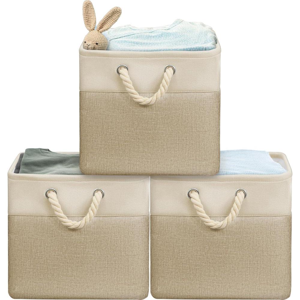imageSIMPLE HOUSEWARE Fabric Storage Cubes 13quot x 13quot Storage Bin 3 Pack GrayBeige