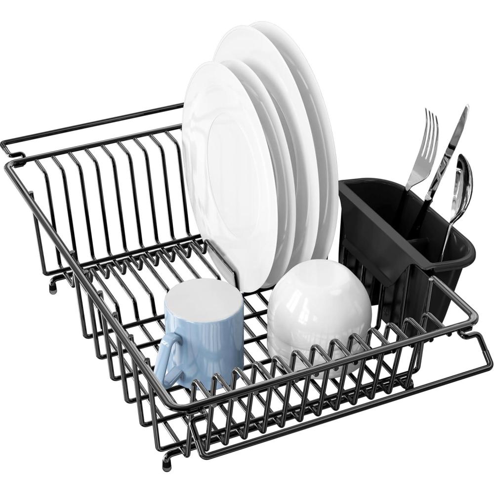 imageSIMPLE HOUSEWARE Large Over Sink Counter Top Stainless Steel Dish Drainer Drying Rack with Utensil Holder BlackBlack