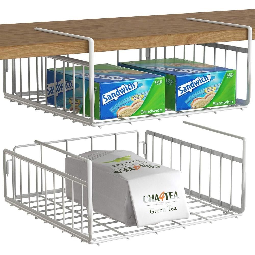 imageSIMPLE HOUSEWARE Under Shelf Basket White  2Pack SpaceSaving Storage Organizer for Kitchen Pantry Closet Office  Wire Metal Shelf Organizer No Tools Required2 Pack