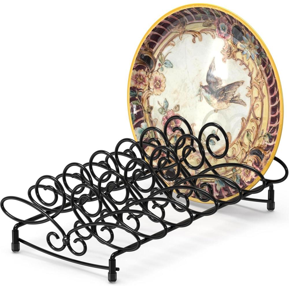 imageSIMPLE HOUSEWARE Vertical Plate Stand Holder Dish Rack Dinnerware Organizer with Elegant Wire Design 6Compartment Black