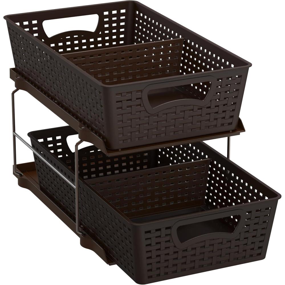 imageSimple Houseware 2 Tier Bathroom Organizer Tray PullOut Sliding DrawerUnderSink Storage BrownBrown