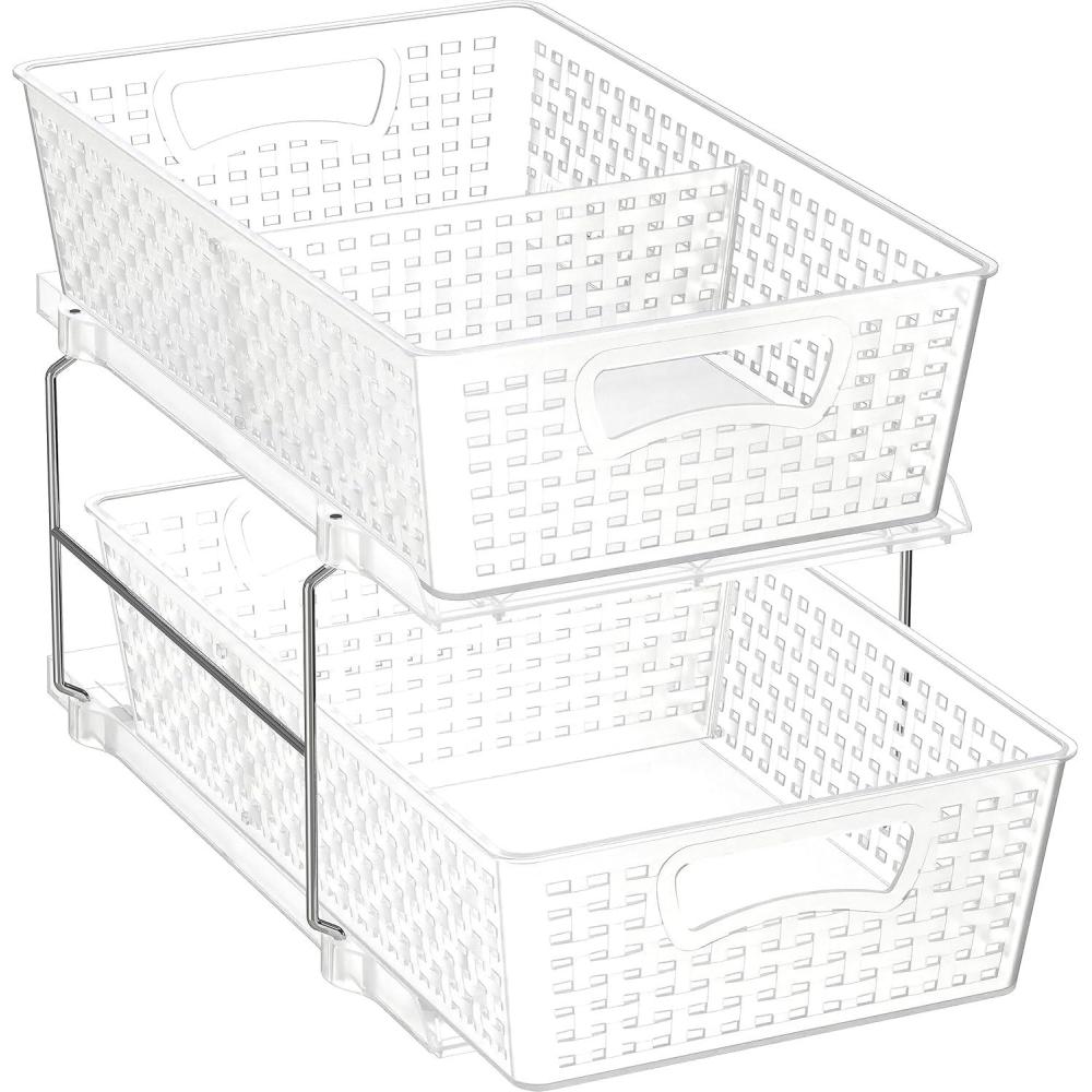 imageSimple Houseware 2 Tier Bathroom Organizer Tray PullOut Sliding DrawerUnderSink Storage BrownClear