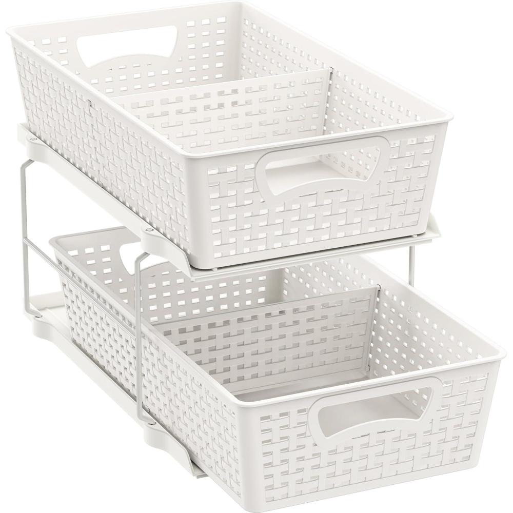 imageSimple Houseware 2 Tier Bathroom Organizer Tray PullOut Sliding DrawerUnderSink Storage BrownWhite