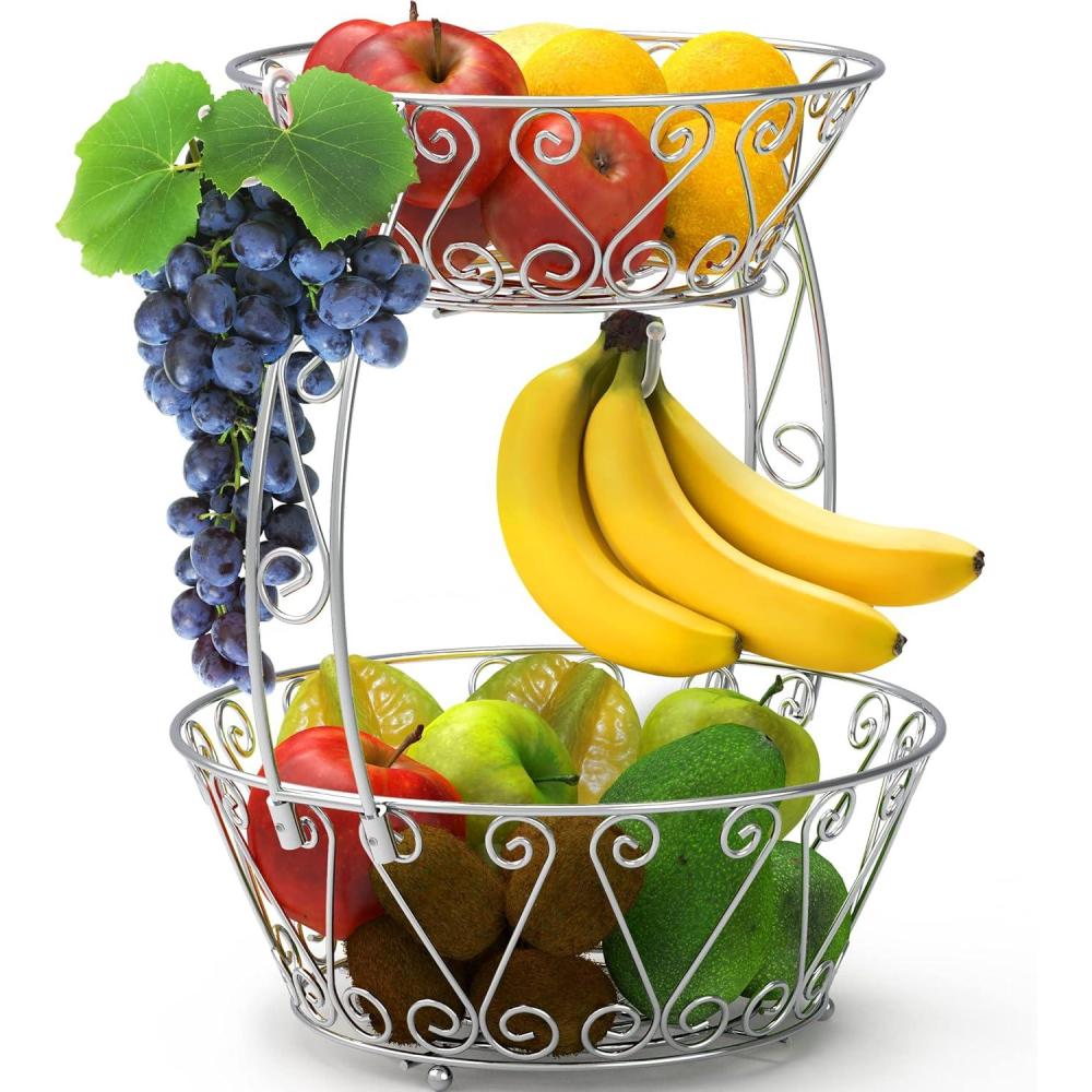 imageSimple Houseware 2Tier Countertop Fruit Basket Bowl Storage BronzeChrome