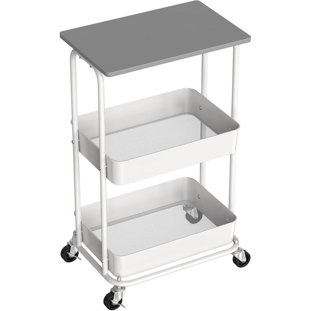 imageSimple Houseware 2Tier Rolling Utility Cart with Lockable Wheels and Wood Top Metal Storage Organizer Trolley for Kitchen Bathroom Office Craft Room MapleGrey