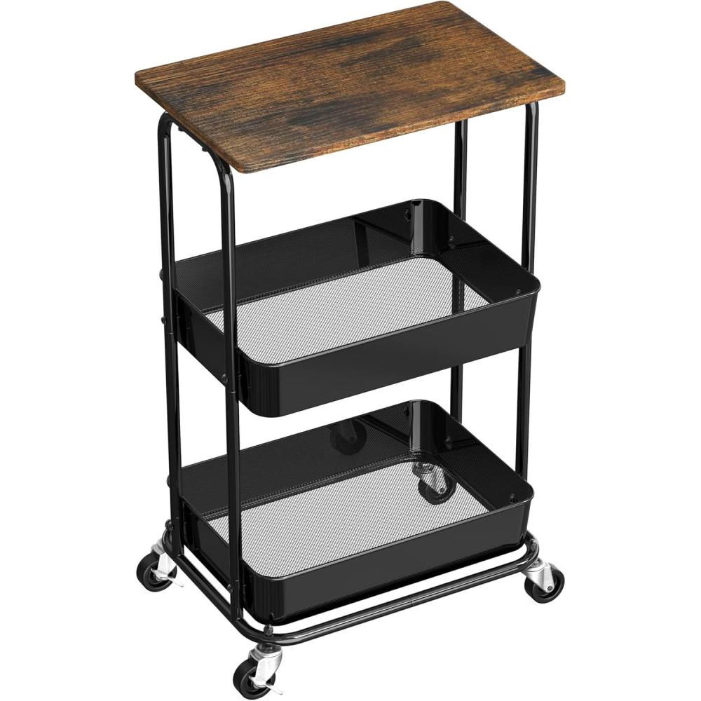imageSimple Houseware 2Tier Rolling Utility Cart with Lockable Wheels and Wood Top Metal Storage Organizer Trolley for Kitchen Bathroom Office Craft Room MapleRustic Brown