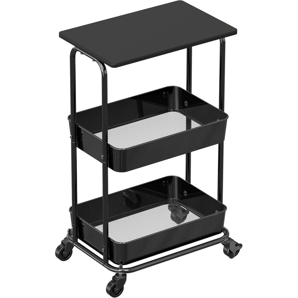 imageSimple Houseware 2Tier Rolling Utility Cart with Lockable Wheels and Wood Top Metal Storage Organizer Trolley for Kitchen Bathroom Office Craft Room MapleBlack