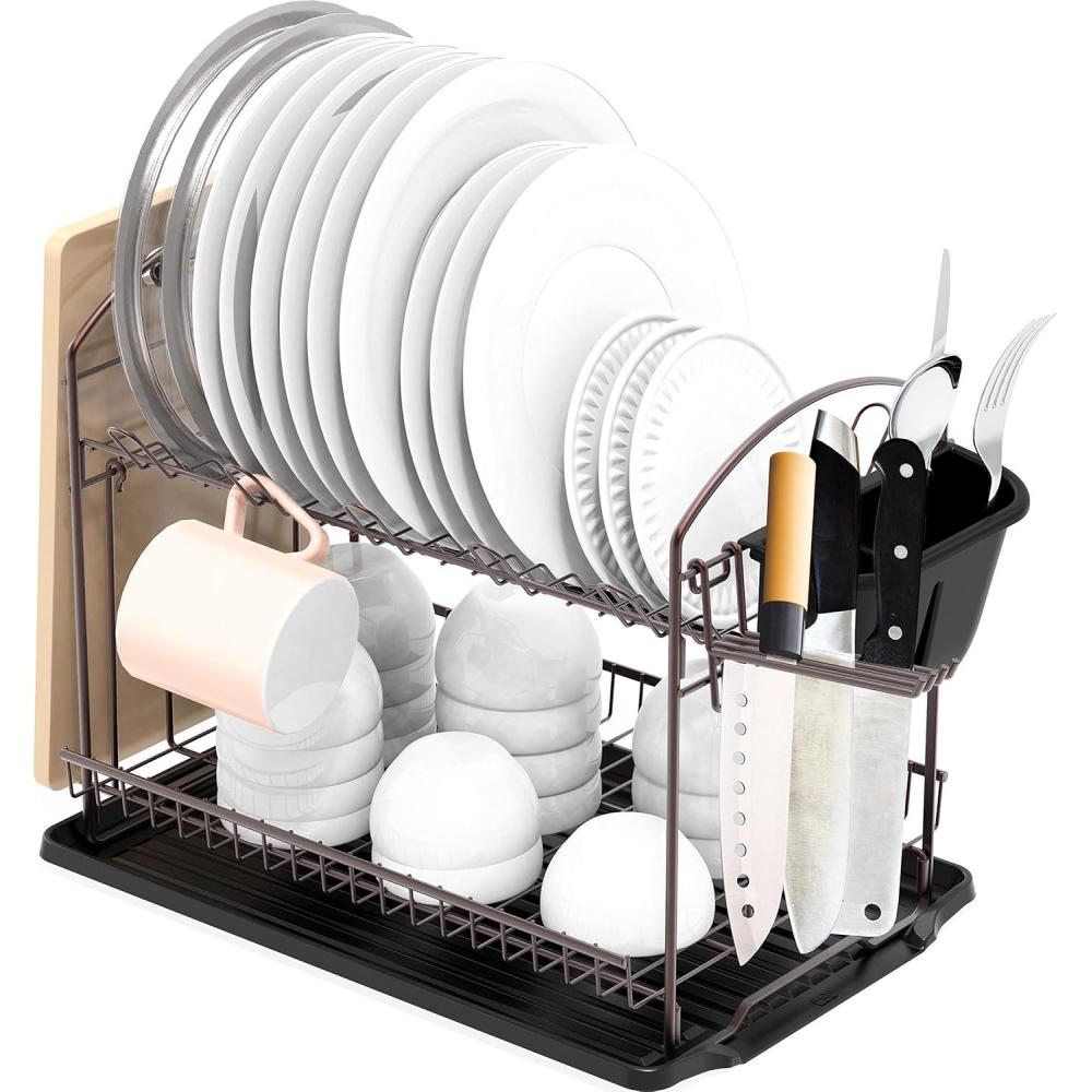 imageSimple Houseware 2Tier Stainless Steel Dish Rack with Drainboard Chrome for KitchenBronze