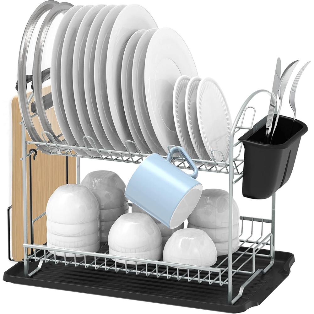 imageSimple Houseware 2Tier Stainless Steel Dish Rack with Drainboard Chrome for KitchenSilver