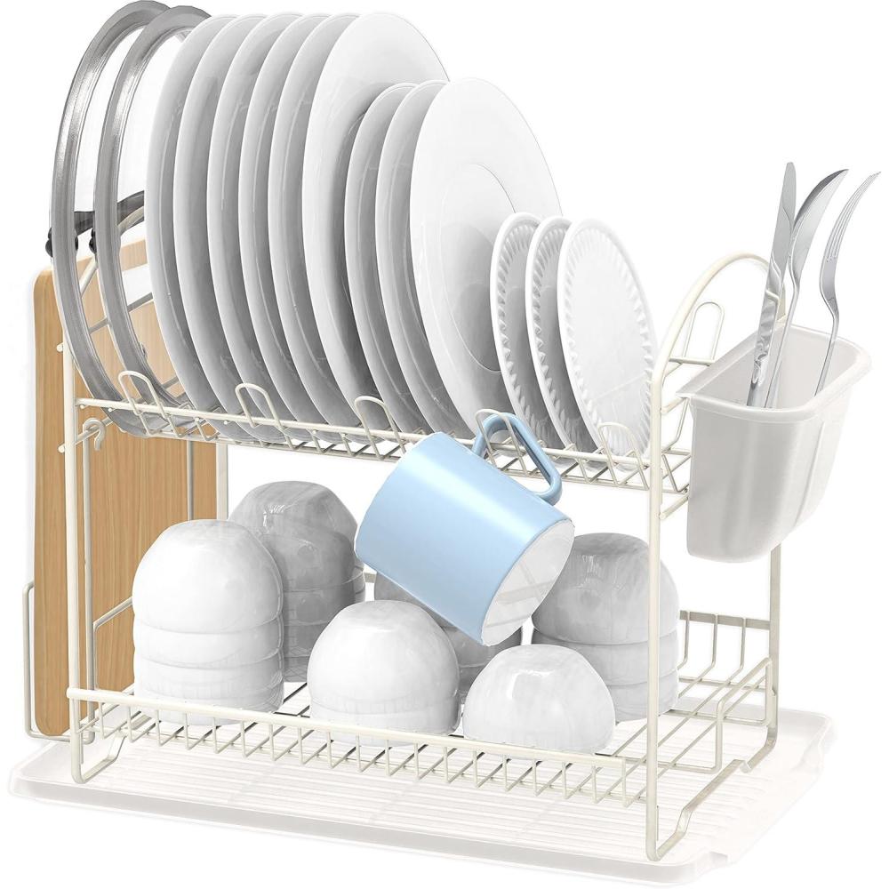 imageSimple Houseware 2Tier Stainless Steel Dish Rack with Drainboard Chrome for KitchenWhite