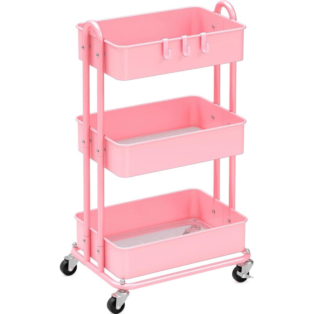 imageSimple Houseware 3Tier Heavy Duty Metal Utility Rolling Cart WhitePink