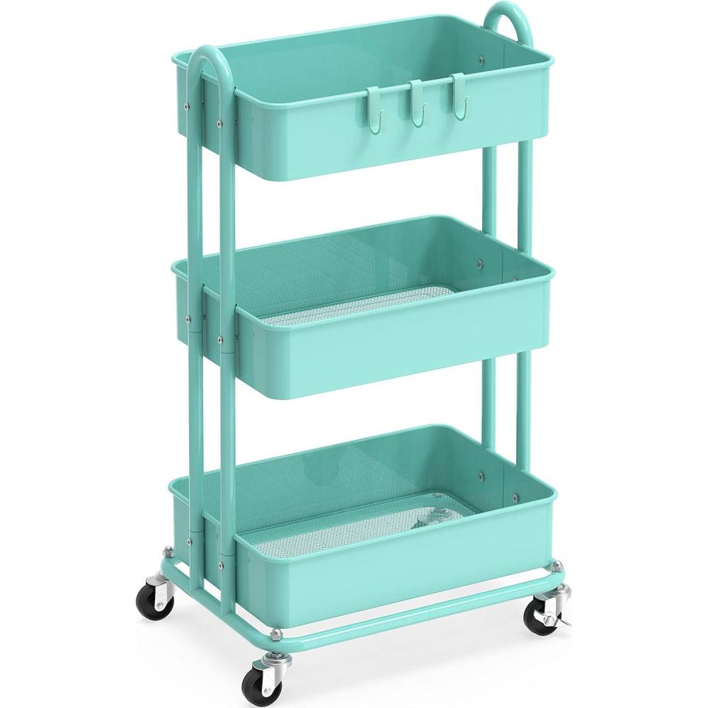 imageSimple Houseware 3Tier Heavy Duty Metal Utility Rolling Cart WhiteTurquoise