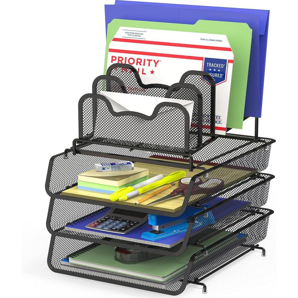 imageSimple Houseware 3Tier Stackable Desk Organizer with 5 Compartments  Letter Tray and Step File Sorter BlackBlack