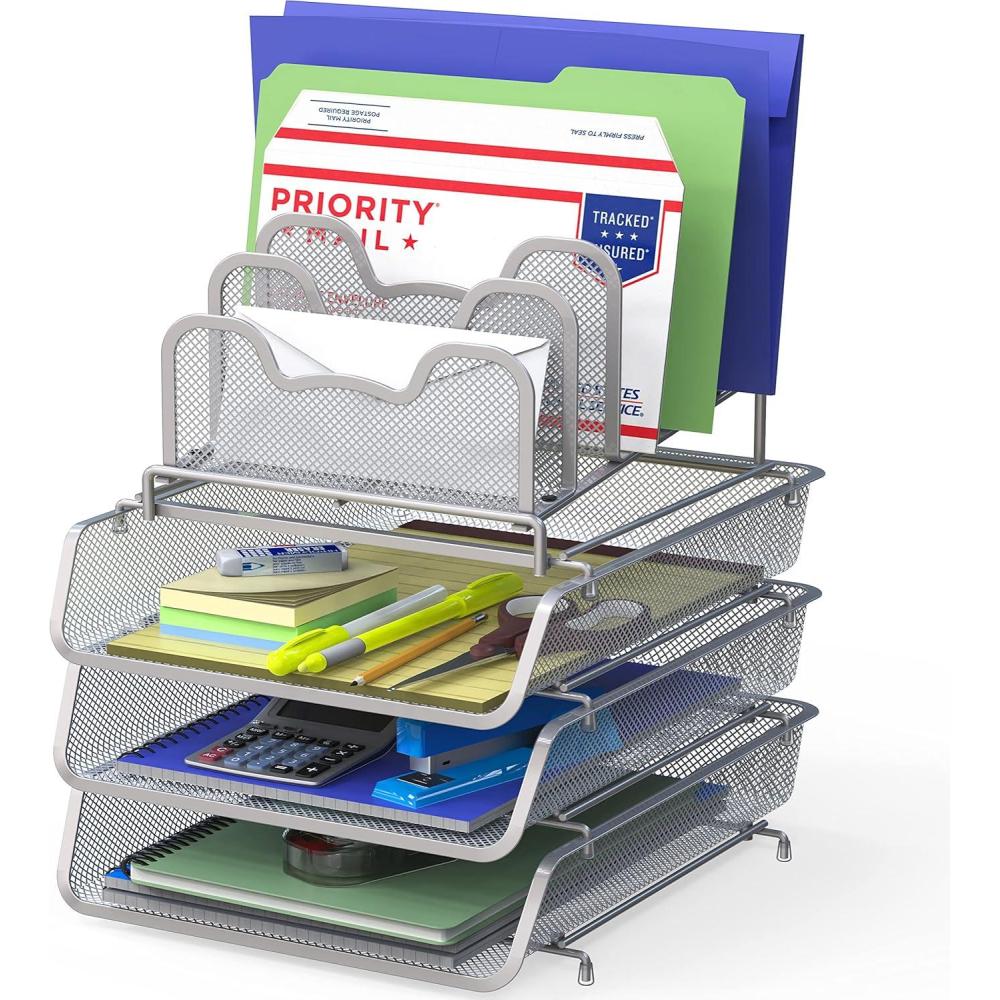 imageSimple Houseware 3Tier Stackable Desk Organizer with 5 Compartments  Letter Tray and Step File Sorter BlackSilver