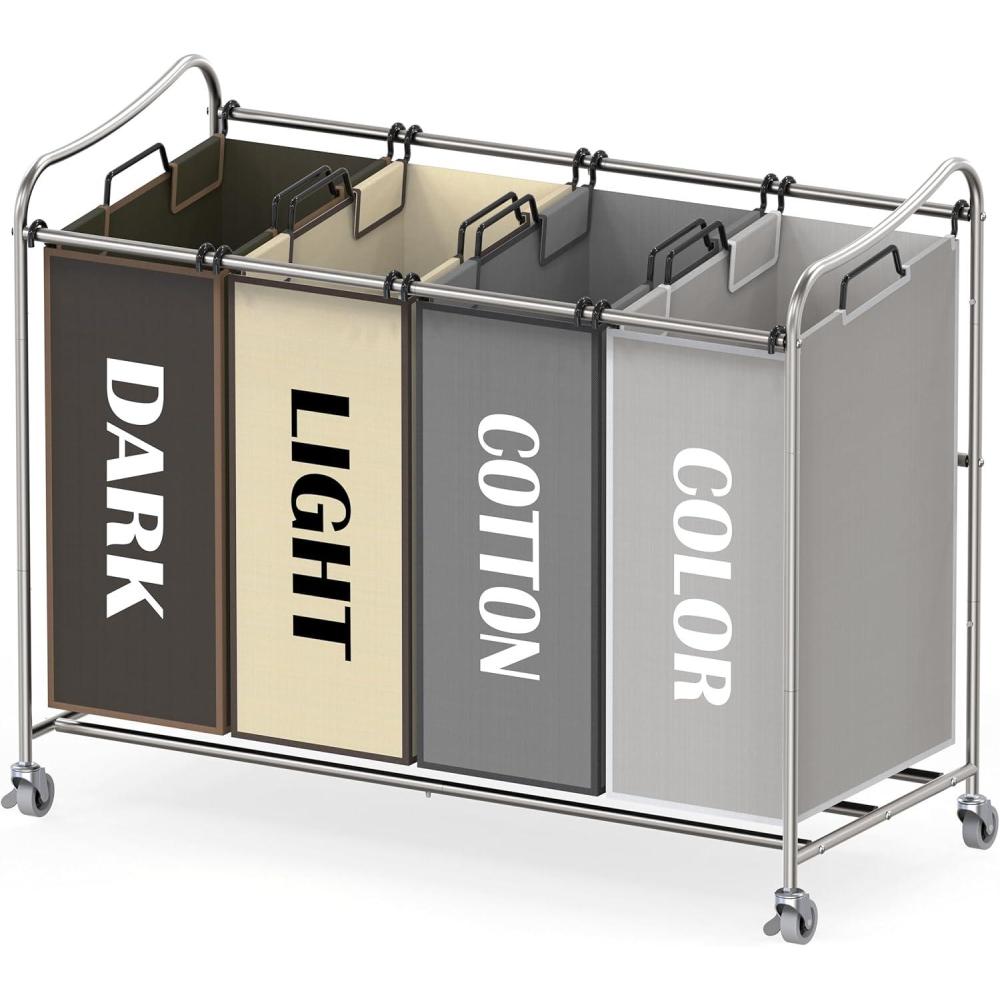 imageSimple Houseware 4Bag Heavy Duty Laundry Sorter Rolling Cart SilverSilverAssorted